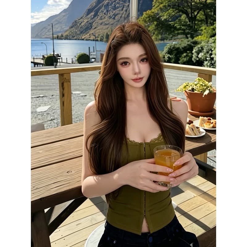 레이스 조각 캐미솔 여름 새로운 핫걸 몸매 가꾸기 허리 수축 디자인 센스 녹색 맨위 조끼 이미지 2