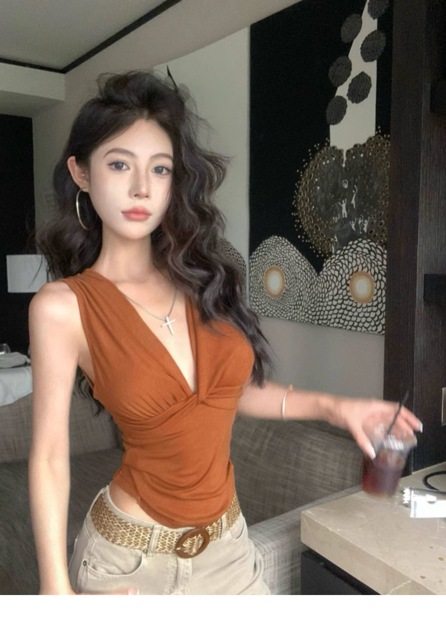 달콤한 핫걸 허리 수축 슬림해 보이는 V넥 행침 목 조끼 슬립 여성 고급 센스 태국 사람 스타일 도파민 민소매 맨위 상세 이미지 10