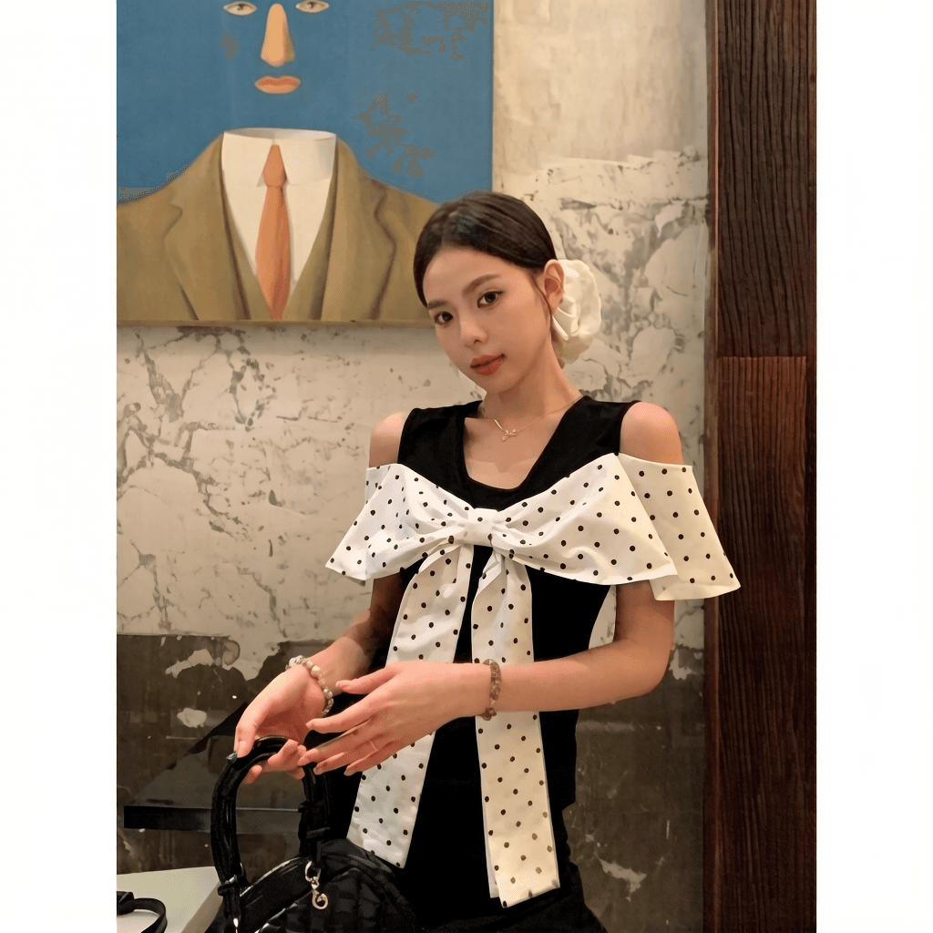 원본 원단 것 화이트 오프숄더 반팔 티셔츠 여름 도트 무늬 나비 매듭 그레이트 봐. 의류 이미지 3