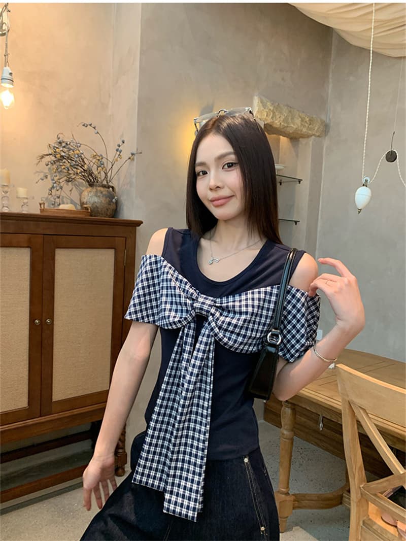 원본 원단 것 화이트 오프숄더 반팔 티셔츠 여름 도트 무늬 나비 매듭 그레이트 봐. 의류 상세 이미지 20