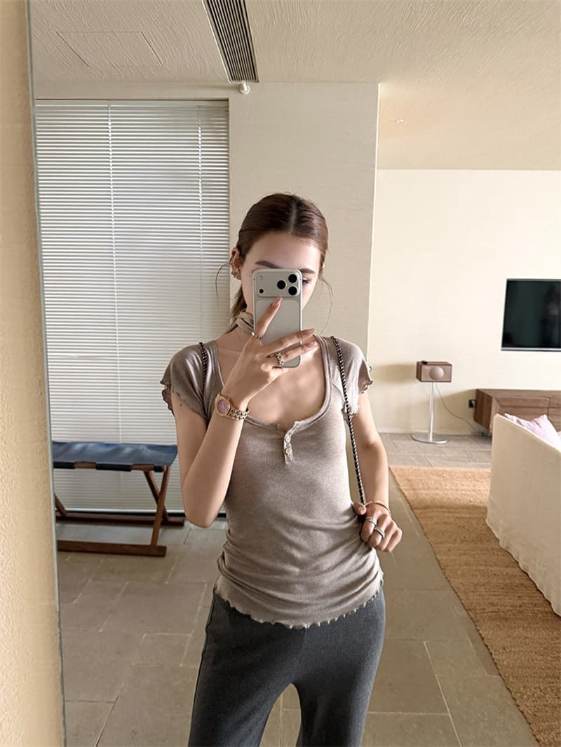 순수한 욕망 바람 커피 색상 u 칼라 프릴 반팔 티셔츠 여름 몸매 가꾸기 슬림해 보이는 쇼트 스타일 맨위 상세 이미지 17