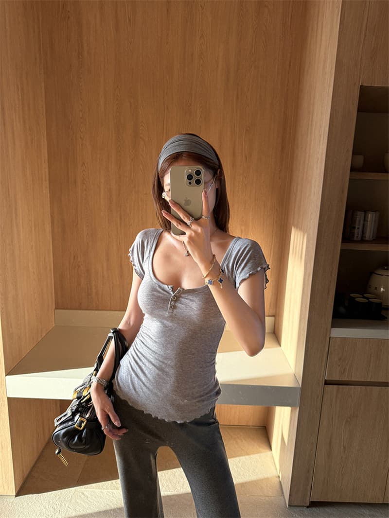 순수한 욕망 바람 커피 색상 u 칼라 프릴 반팔 티셔츠 여름 몸매 가꾸기 슬림해 보이는 쇼트 스타일 맨위 상세 이미지 30