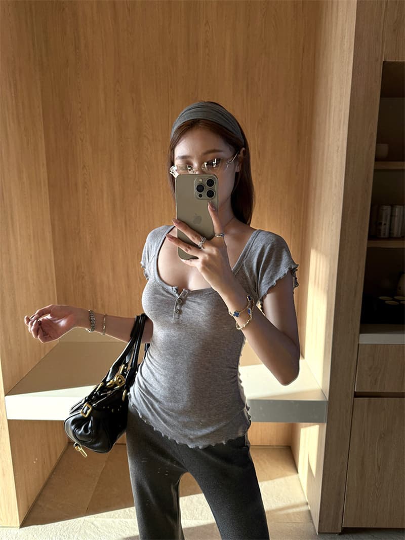 순수한 욕망 바람 커피 색상 u 칼라 프릴 반팔 티셔츠 여름 몸매 가꾸기 슬림해 보이는 쇼트 스타일 맨위 상세 이미지 34