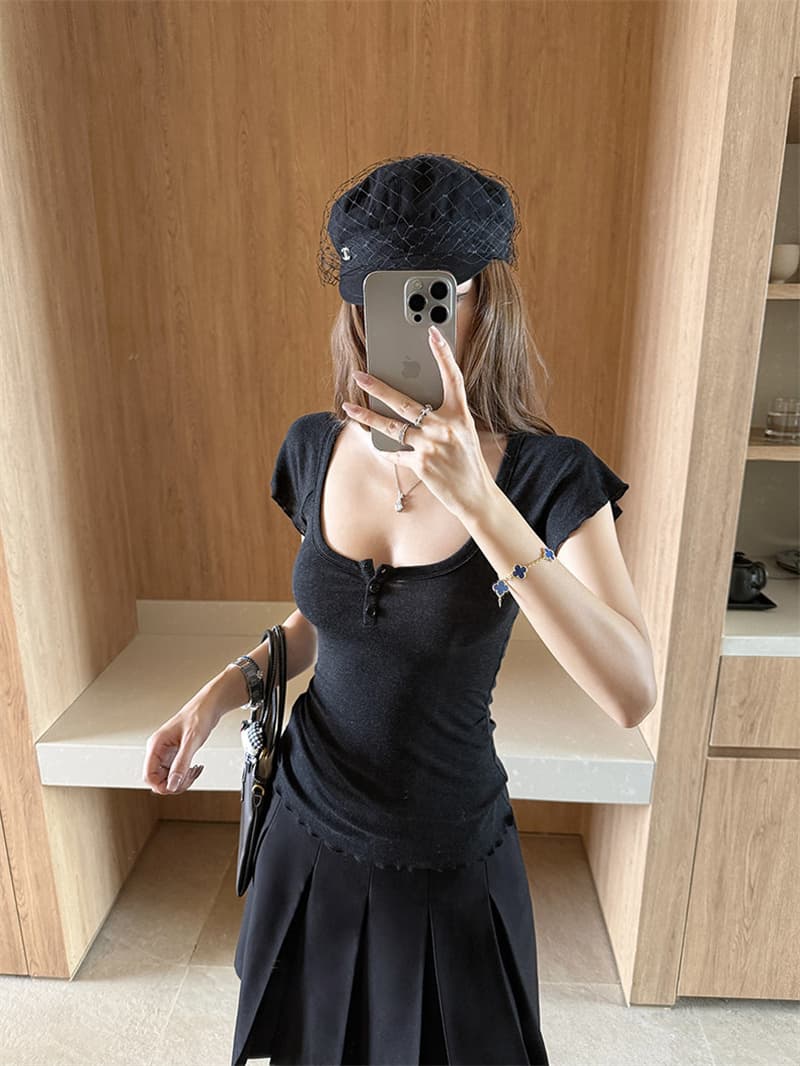 순수한 욕망 바람 커피 색상 u 칼라 프릴 반팔 티셔츠 여름 몸매 가꾸기 슬림해 보이는 쇼트 스타일 맨위 상세 이미지 38