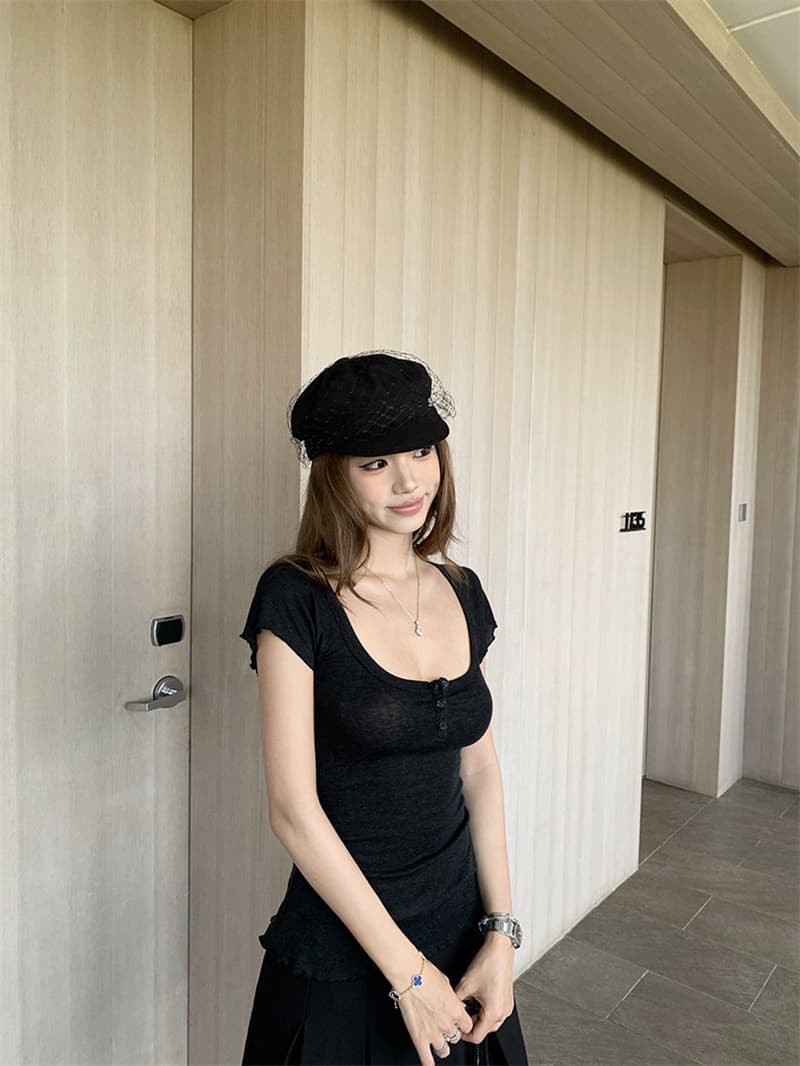 순수한 욕망 바람 커피 색상 u 칼라 프릴 반팔 티셔츠 여름 몸매 가꾸기 슬림해 보이는 쇼트 스타일 맨위 상세 이미지 49