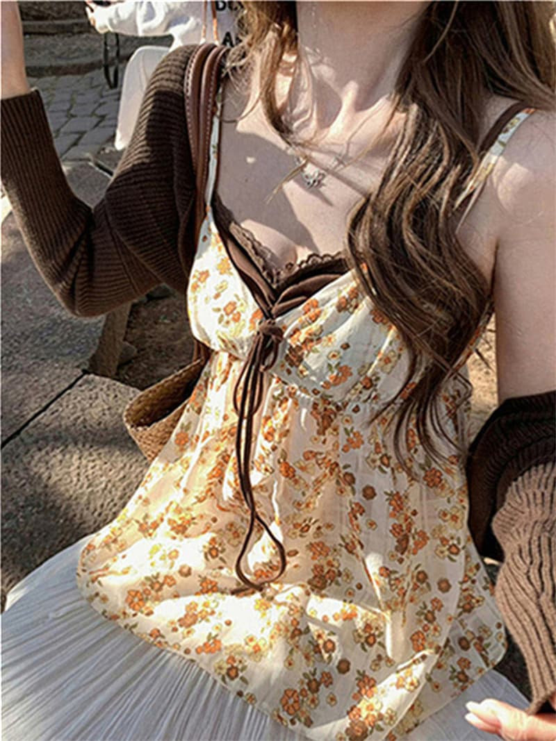 원본 품질 배색 꽃무늬 슬립 작은 키 페이크 레이어드 순수한 욕망 조끼 패치워크 색상 꽃무늬 캐미솔 상세 이미지 23