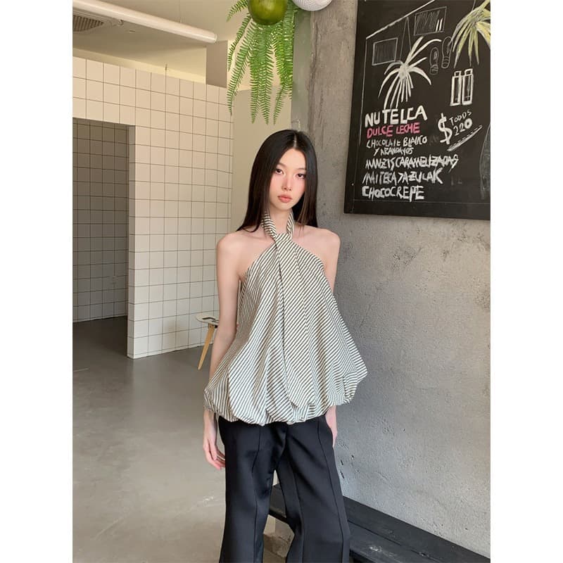 여름 디자인 스트라이프 행침 목 넥타이 구름 슬립 꽃밭 조끼 여성 핫걸 루즈핏 슬림해 보이는 맨위 여성 이미지 3