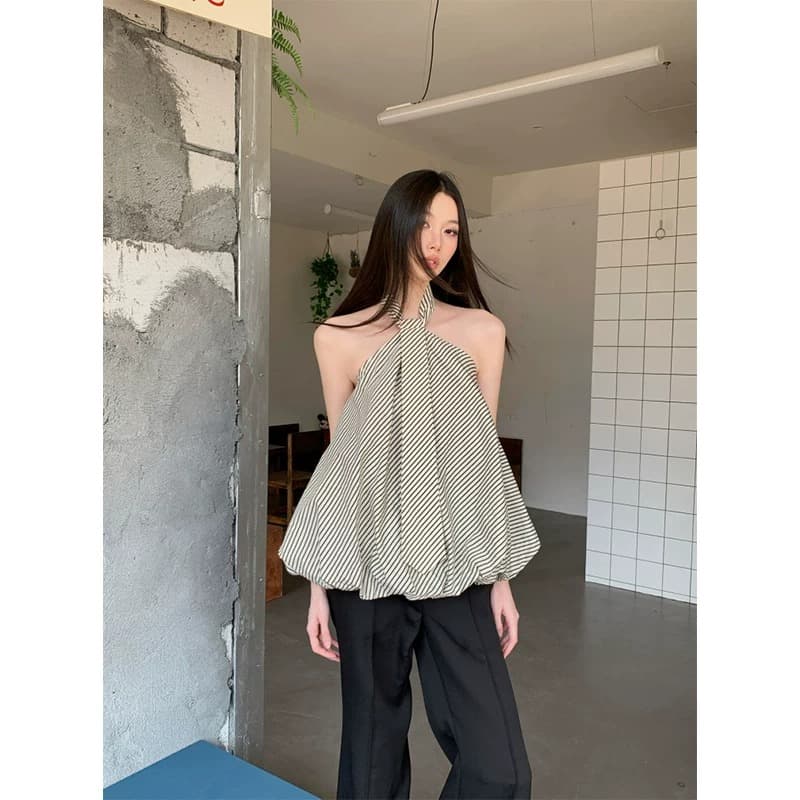 여름 디자인 스트라이프 행침 목 넥타이 구름 슬립 꽃밭 조끼 여성 핫걸 루즈핏 슬림해 보이는 맨위 여성 이미지 2