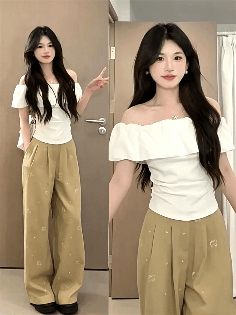 순면 프릴 오프숄더 반팔 여름 슈퍼 화재 오프숄더 디자인 센스 허리 수축 티셔츠