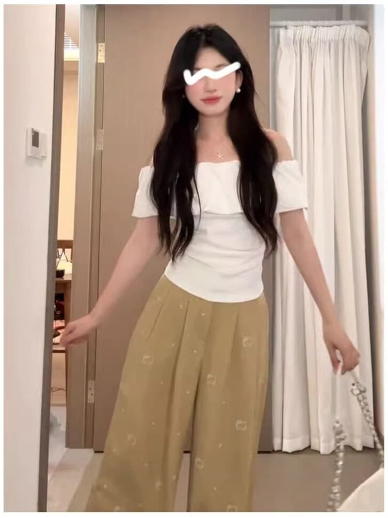 순면 프릴 오프숄더 반팔 여름 슈퍼 화재 오프숄더 디자인 센스 허리 수축 티셔츠 상세 이미지 3