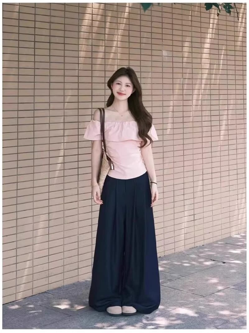 순면 프릴 오프숄더 반팔 여름 슈퍼 화재 오프숄더 디자인 센스 허리 수축 티셔츠 상세 이미지 7