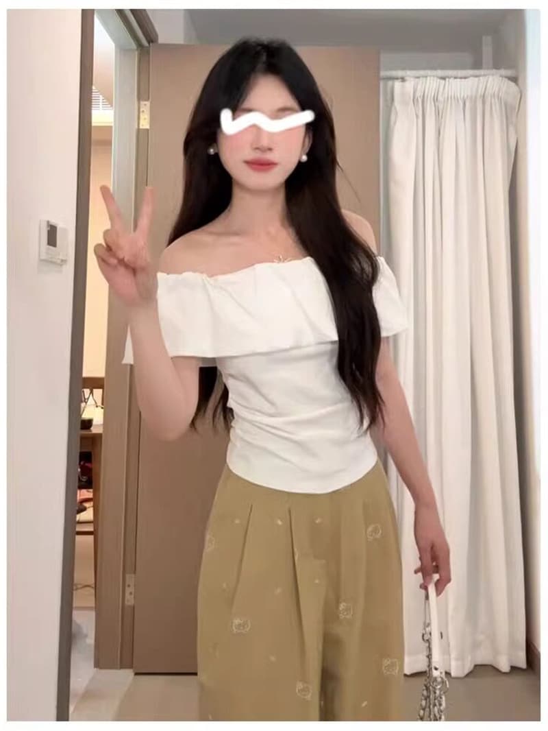 순면 프릴 오프숄더 반팔 여름 슈퍼 화재 오프숄더 디자인 센스 허리 수축 티셔츠 상세 이미지 8