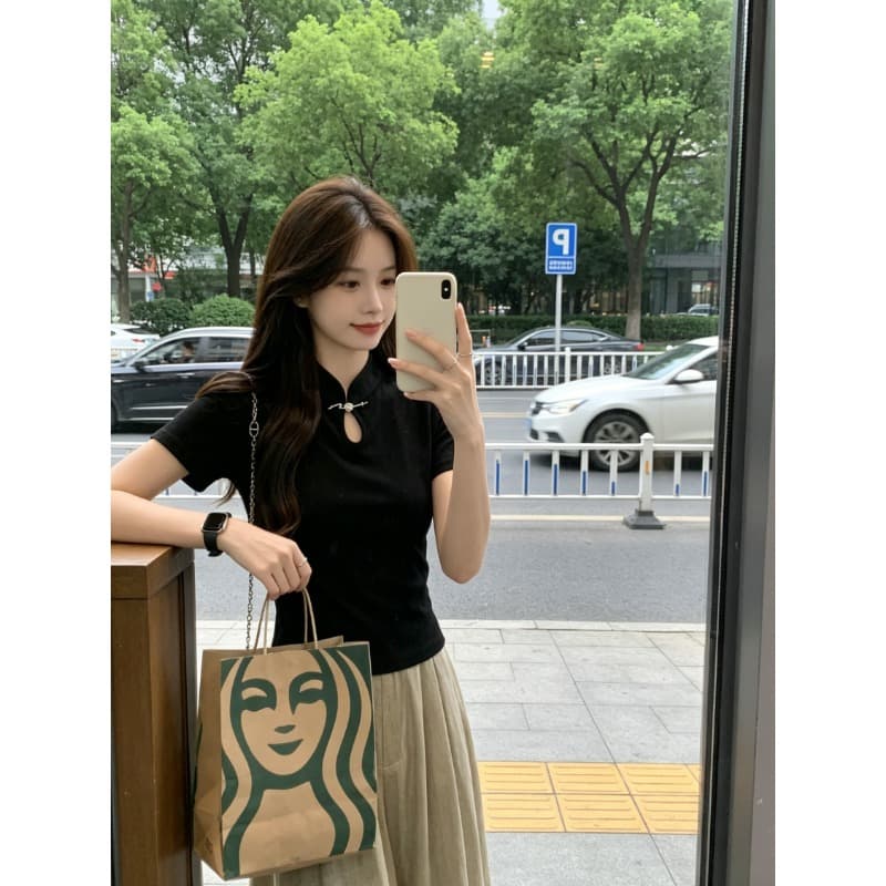 210 그램 1x1 순면 리브 새로운 중식 치파오 국풍 품격 반팔 티셔츠 맨위 여성 이미지 2