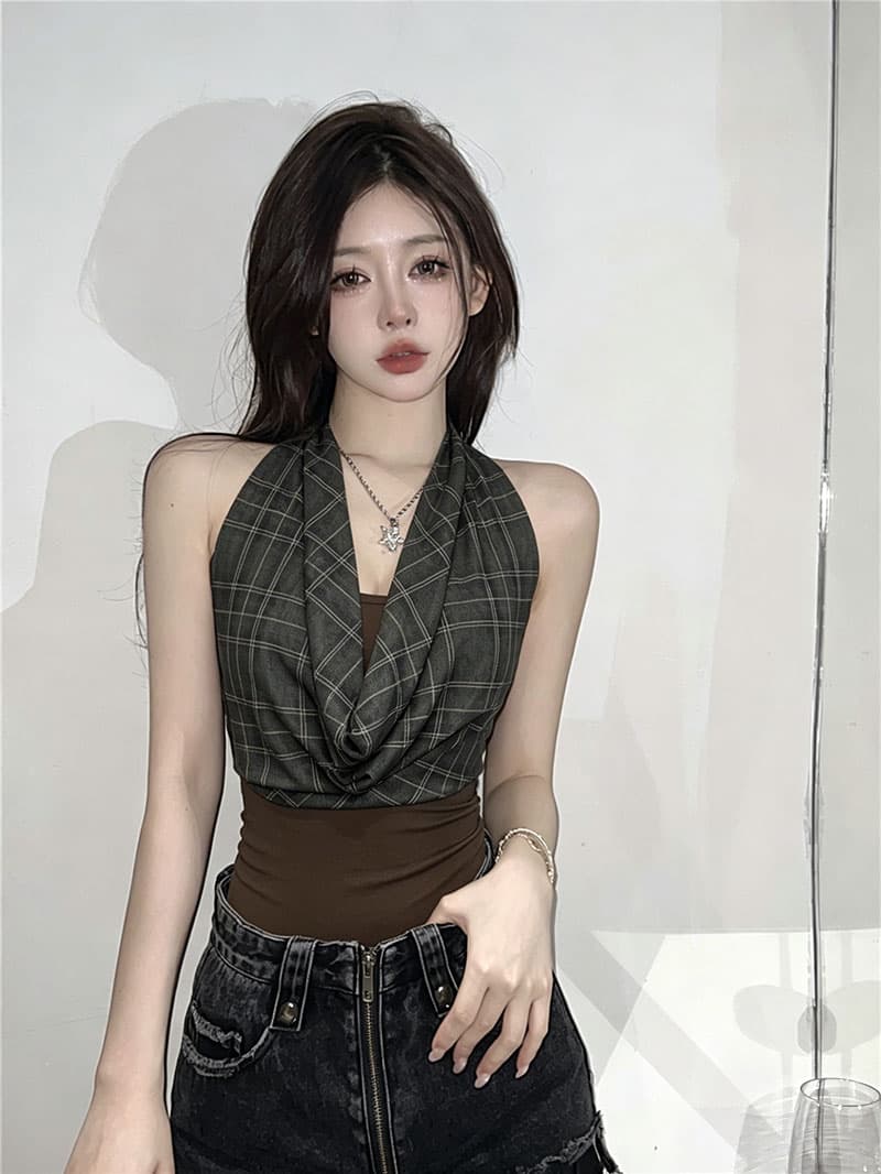 레트로 핫걸 바람 체크무늬 패치워크 행침 목 흔들다 칼라 조끼 여성 여름 슬림해 보이는 민소매 슬립 쇼트 스타일 맨위 상세 이미지 2