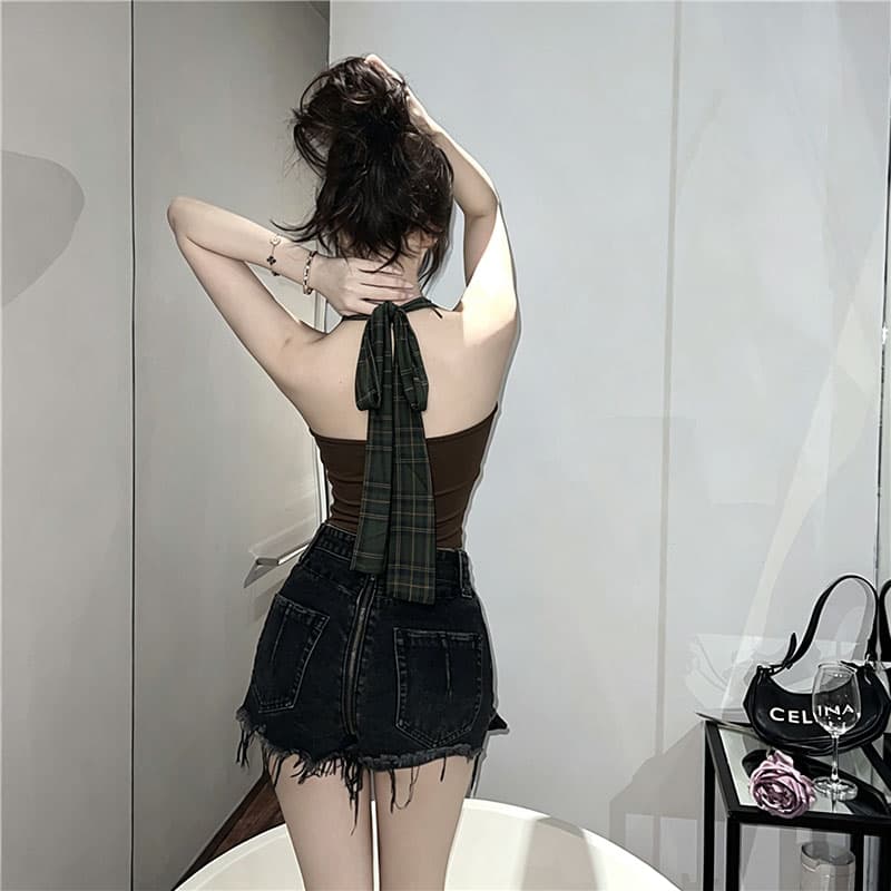 레트로 핫걸 바람 체크무늬 패치워크 행침 목 흔들다 칼라 조끼 여성 여름 슬림해 보이는 민소매 슬립 쇼트 스타일 맨위 상세 이미지 6