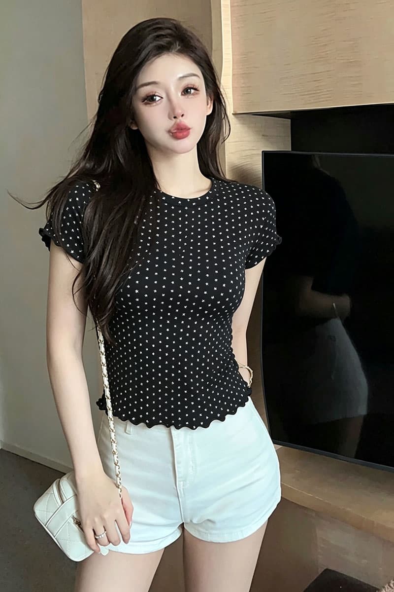 별 프린트 반팔 티셔츠 여성 여름 고급 센스 허리 수축 슬림해 보이는 품격 프릴 라운드 넥 쇼트 스타일 맨위 이미지 3