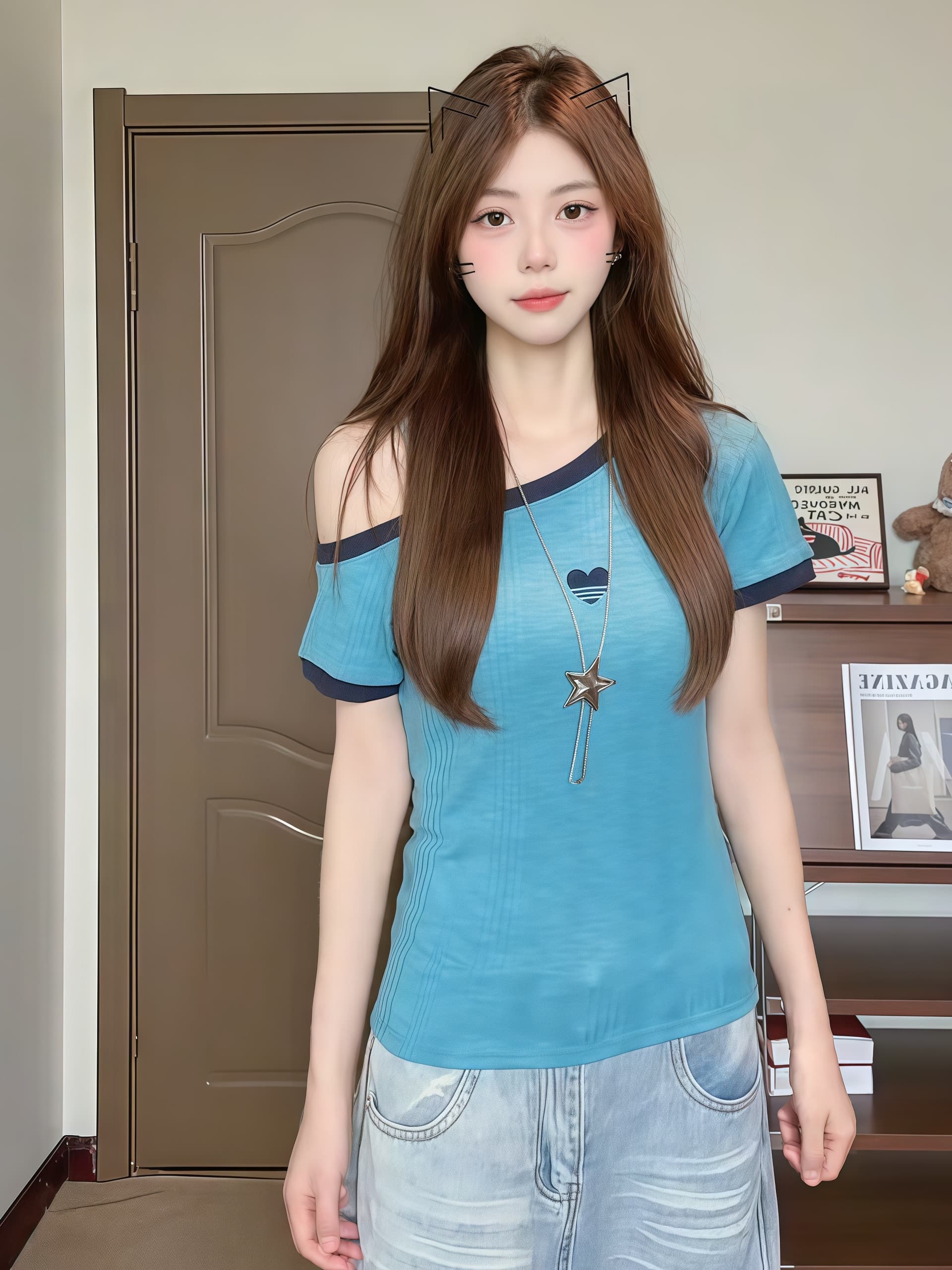 한 부서 미니멀리즘 부드러운 바람 배색 디자인 센스 비스듬한 어깨 디자인 센스 작은 대중 반팔 티셔츠 여름 새로운 맨위 상세 이미지 2