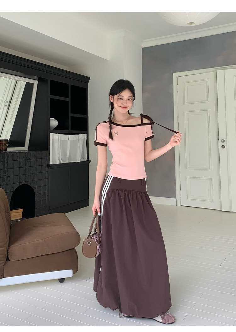 원본 것 원단 비스듬한 어깨 스트랩 반팔 티셔츠 여름 스트라이프 몸매 가꾸기 쇼트 스타일 오프숄더 맨위 상세 이미지 17