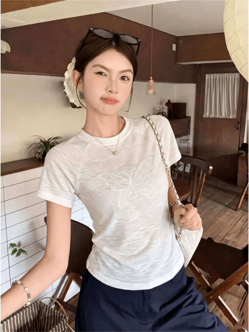 원본 원단 것 화이트 라운드 넥 긍정적 인 어깨 나비 매듭 주름 허리 수축 티셔츠 여름 다용도 맨위 상세 이미지 4