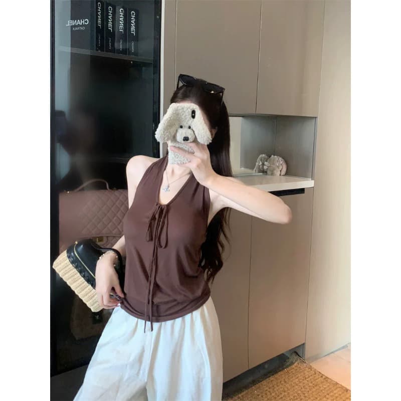원본 것 사람들 면 태국 사람 스타일 V넥 레이스업 조끼 외출용 새로운 백리스 몸매 가꾸기 민소매 맨위