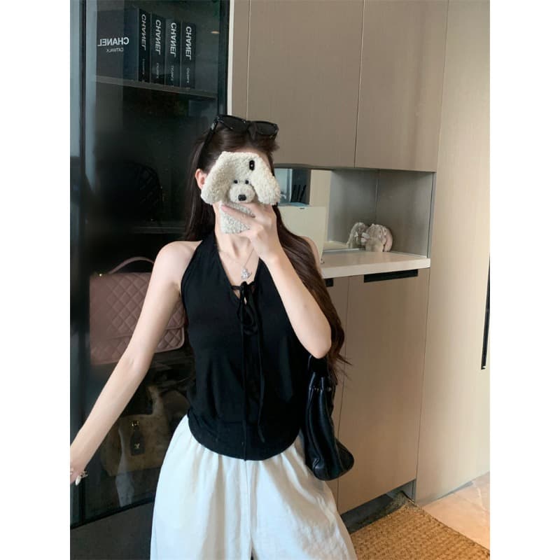 원본 것 사람들 면 태국 사람 스타일 V넥 레이스업 조끼 외출용 새로운 백리스 몸매 가꾸기 민소매 맨위 이미지 2