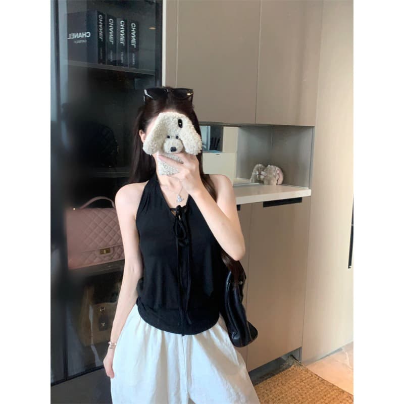원본 것 사람들 면 태국 사람 스타일 V넥 레이스업 조끼 외출용 새로운 백리스 몸매 가꾸기 민소매 맨위 이미지 4
