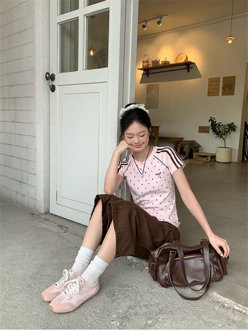 원본 것 원단 화이트 3개 바 도트 무늬 긍정적 인 어깨 반팔 여름 새로운 나비 매듭 맨위 상세 이미지 21
