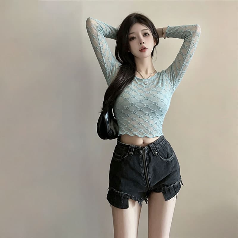 섹시함 핫걸 시스루 홀로우 아웃 긴팔 망사 티셔츠 여성 핫걸 디자인 센스 얇은 스타일 자외선 차단 블라우스 맨위 이미지 4