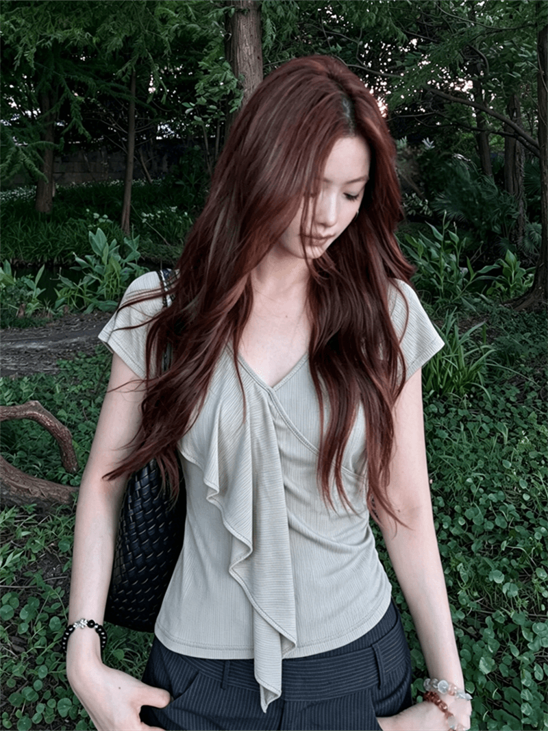 사람들 면 260 그램 디자인 V넥 프릴 반팔 티셔츠 여름 착용 가져 가라. 새로운 허리 수축 슬림해 보이는 맨위 이미지 4