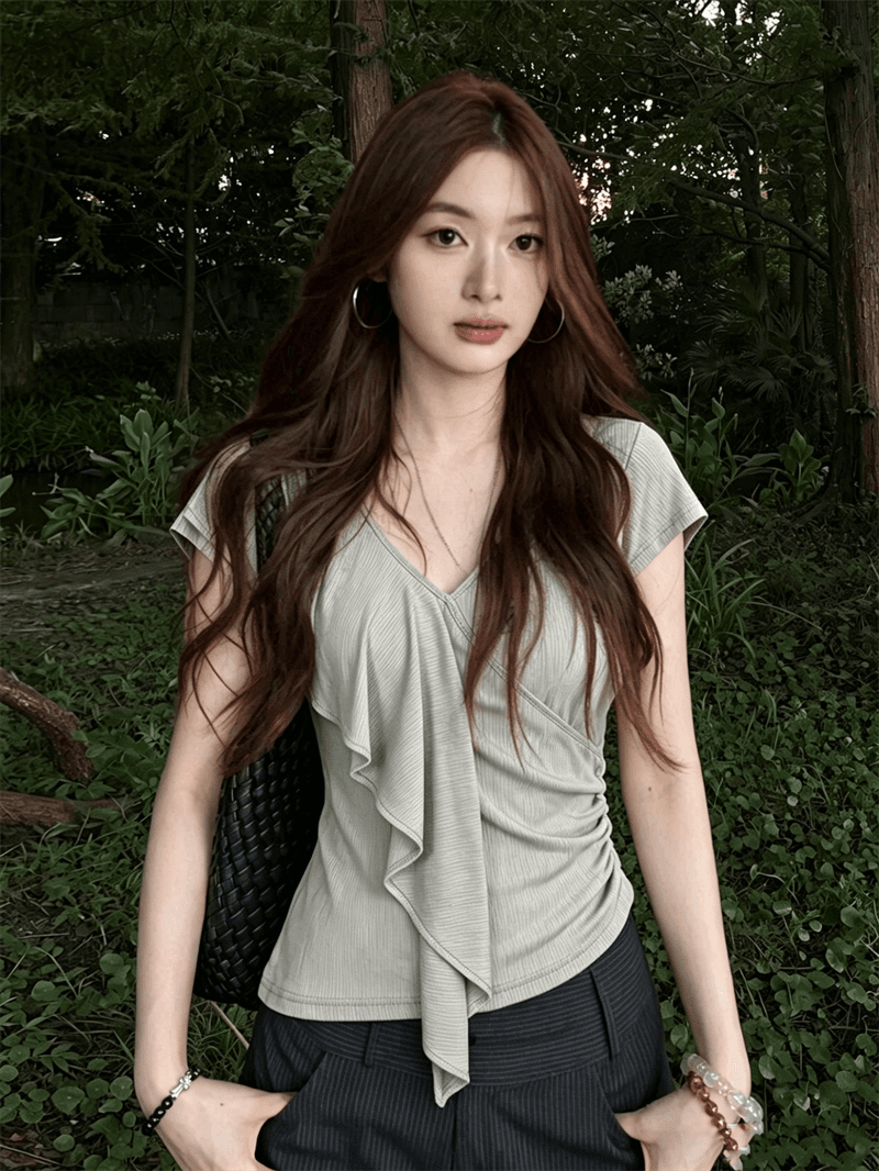 사람들 면 260 그램 디자인 V넥 프릴 반팔 티셔츠 여름 착용 가져 가라. 새로운 허리 수축 슬림해 보이는 맨위 상세 이미지 2
