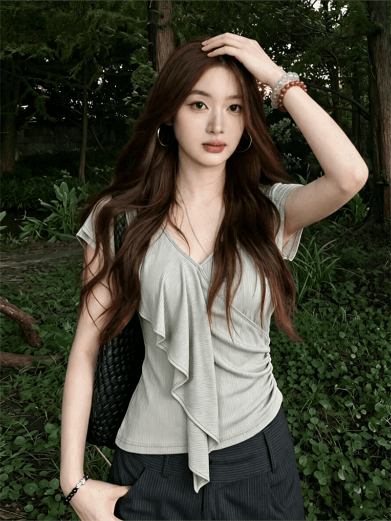 사람들 면 260 그램 디자인 V넥 프릴 반팔 티셔츠 여름 착용 가져 가라. 새로운 허리 수축 슬림해 보이는 맨위 상세 이미지 9
