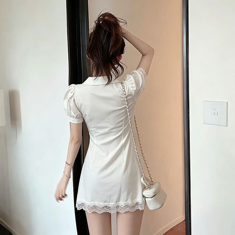 품격 레이스 조각 허리 수축 슬림해 보이는 치마 고급 센스 외국 가스 버블 반팔 작은 대중 드레스 여자 상세 이미지 3