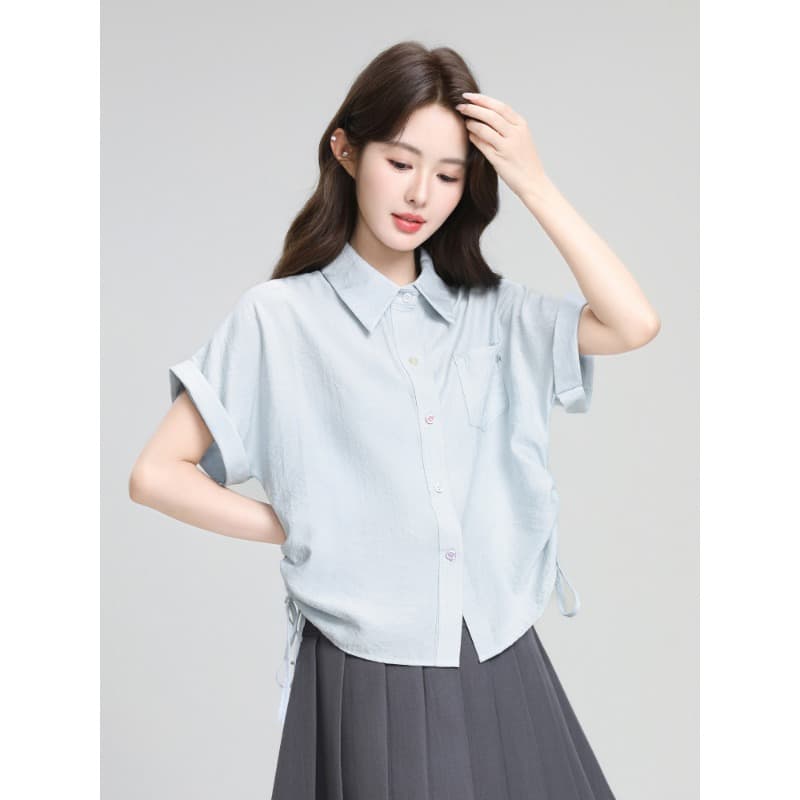 파란색 POLO 칼라 반팔 셔츠 디자인 펌프 로프 스트랩 꼬집기 허리 위로 의류 이미지 3