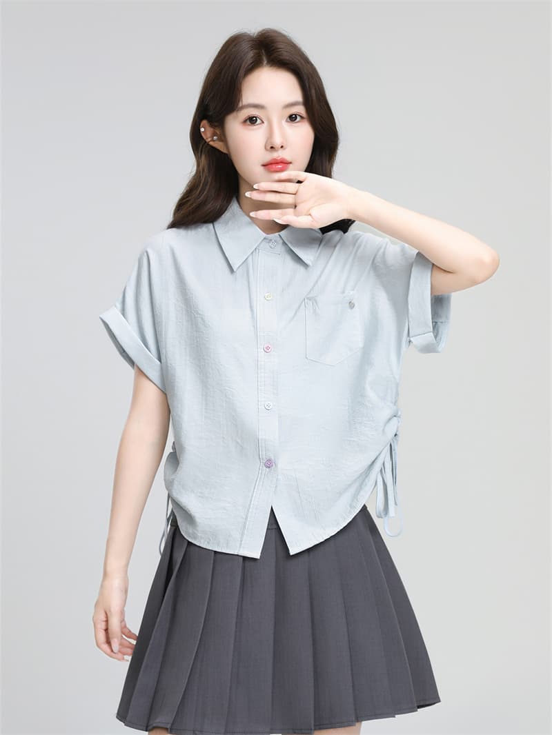 파란색 POLO 칼라 반팔 셔츠 디자인 펌프 로프 스트랩 꼬집기 허리 위로 의류 상세 이미지 3