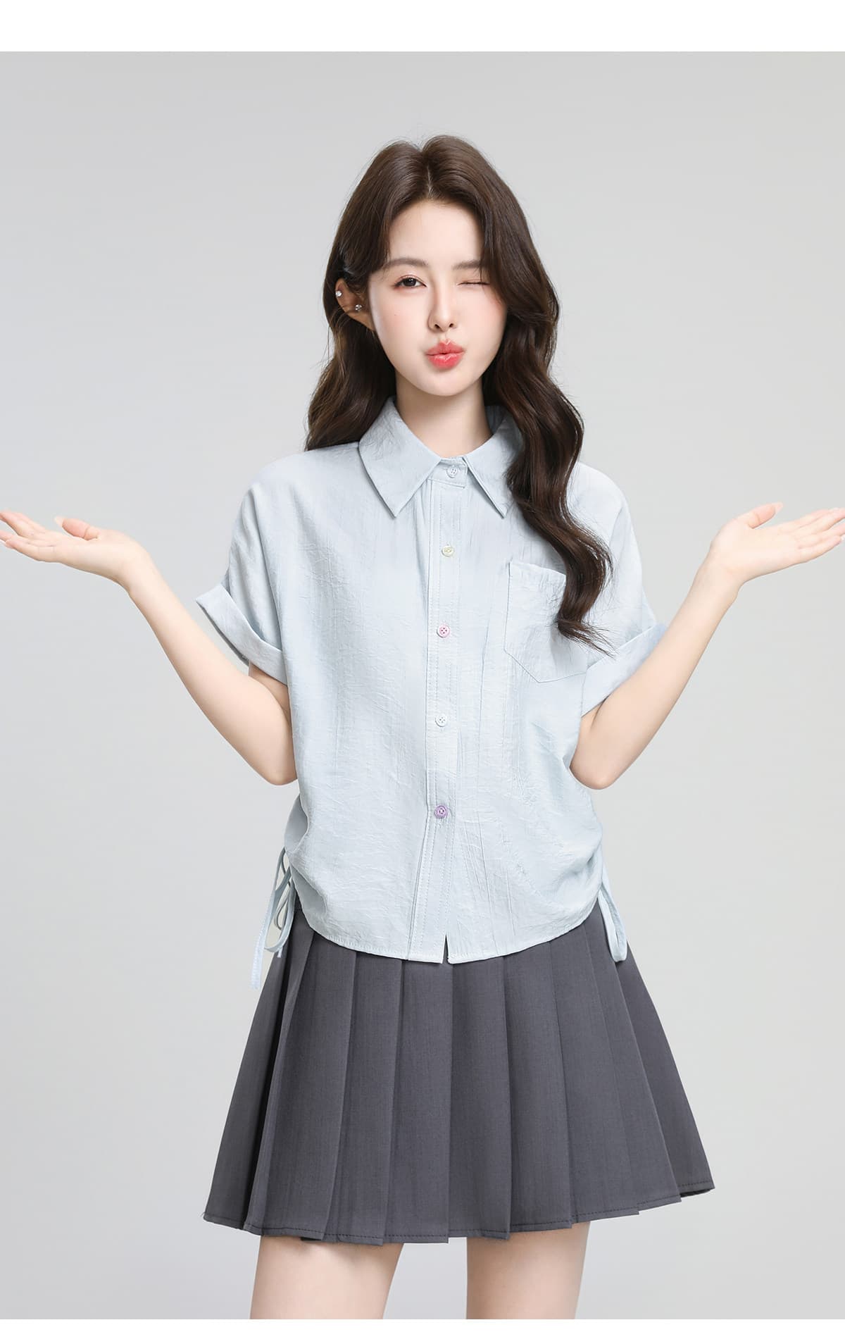 파란색 POLO 칼라 반팔 셔츠 디자인 펌프 로프 스트랩 꼬집기 허리 위로 의류 상세 이미지 8