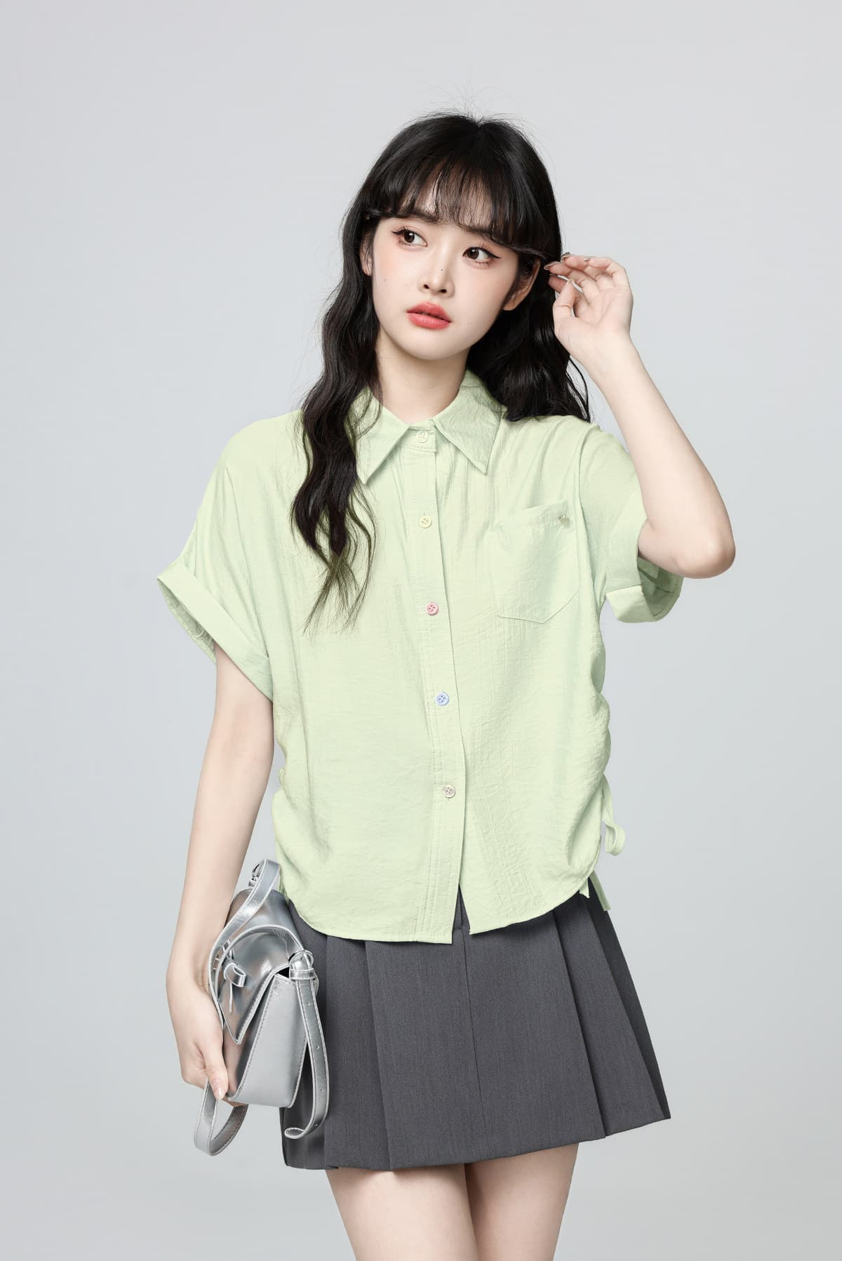 파란색 POLO 칼라 반팔 셔츠 디자인 펌프 로프 스트랩 꼬집기 허리 위로 의류 상세 이미지 10