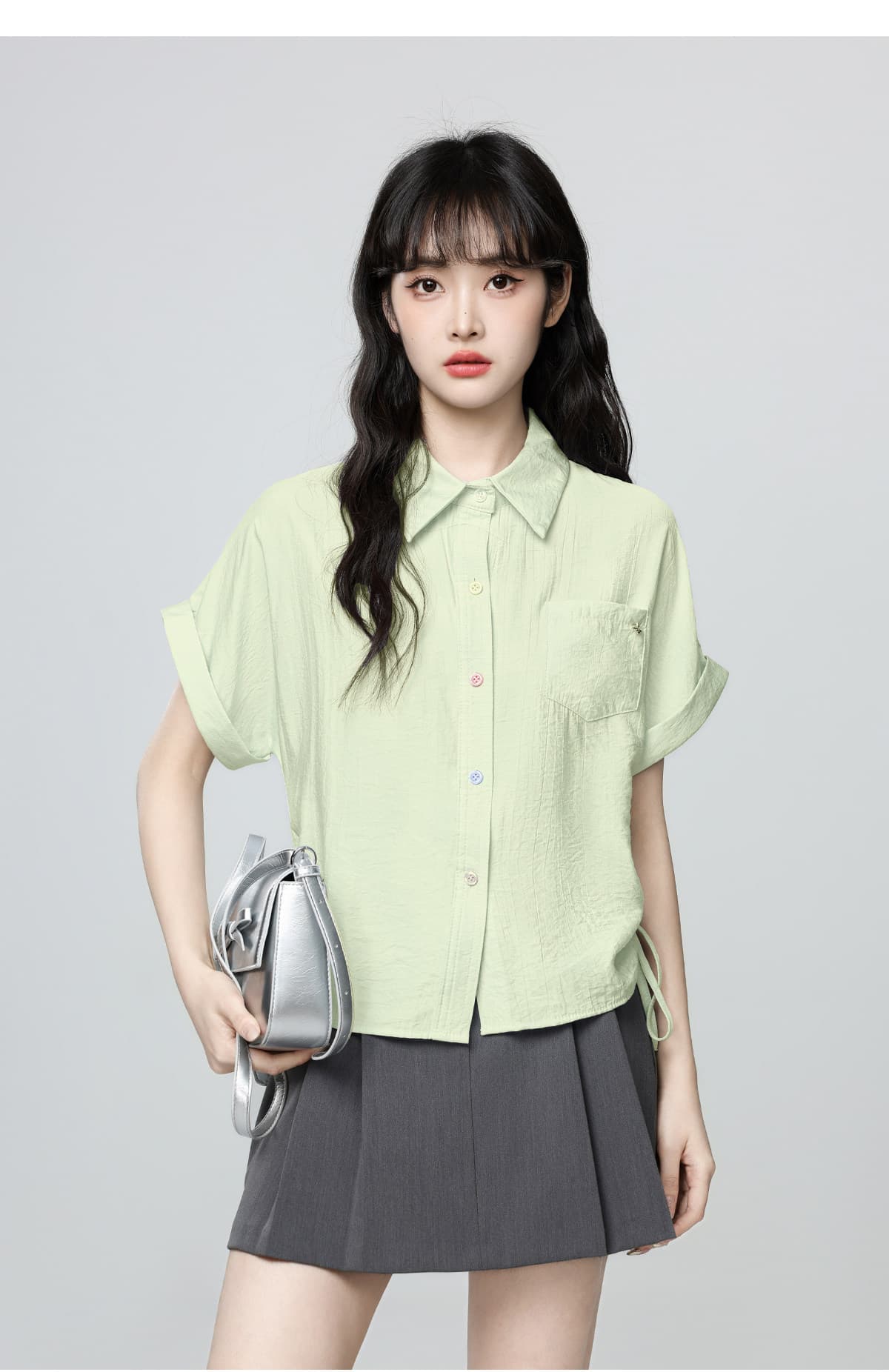 파란색 POLO 칼라 반팔 셔츠 디자인 펌프 로프 스트랩 꼬집기 허리 위로 의류 상세 이미지 14