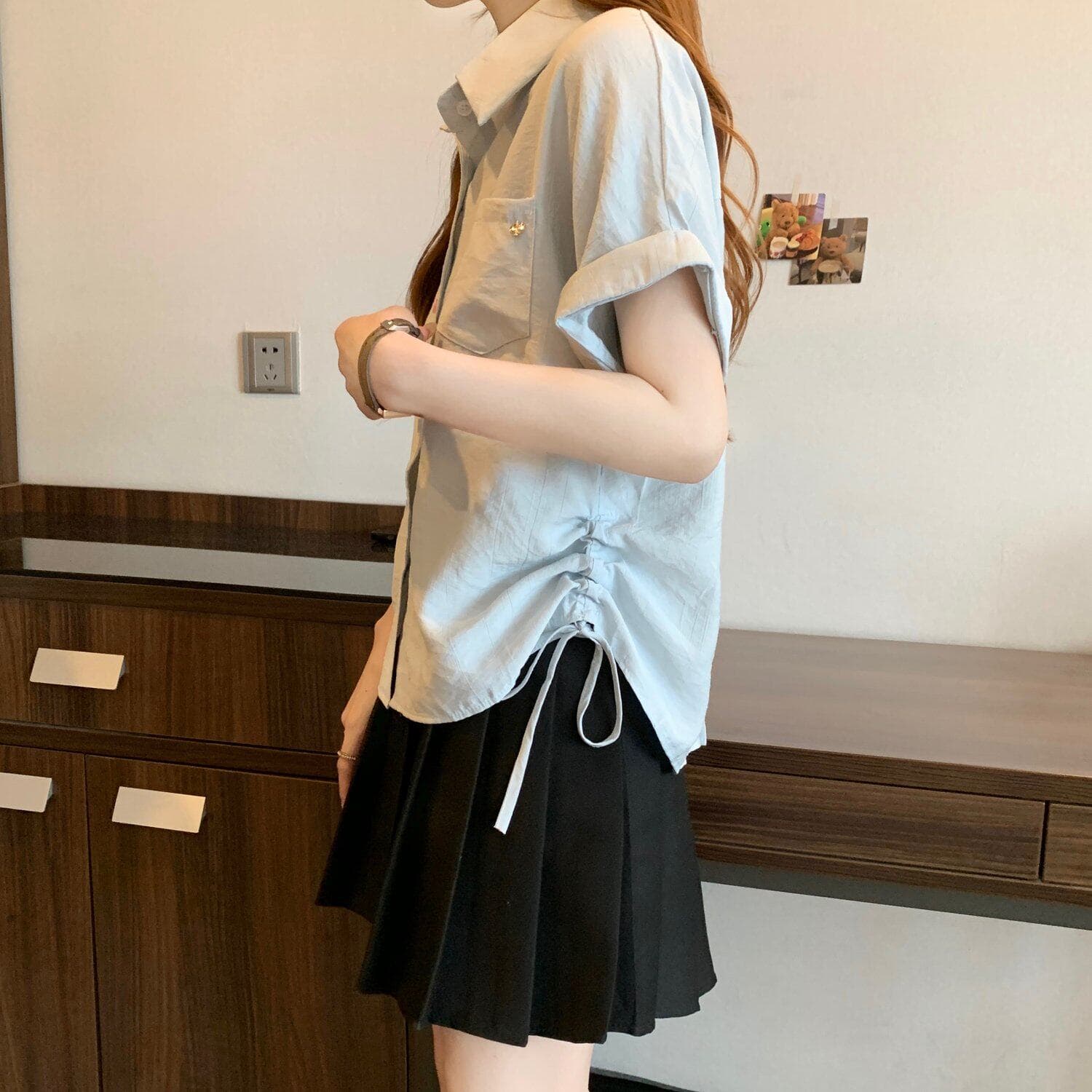 디자인 센스 펌프 로프 반팔 셔츠 루즈핏 연령 감소 다용도 POLO 칼라 여성 의류 상세 이미지 8