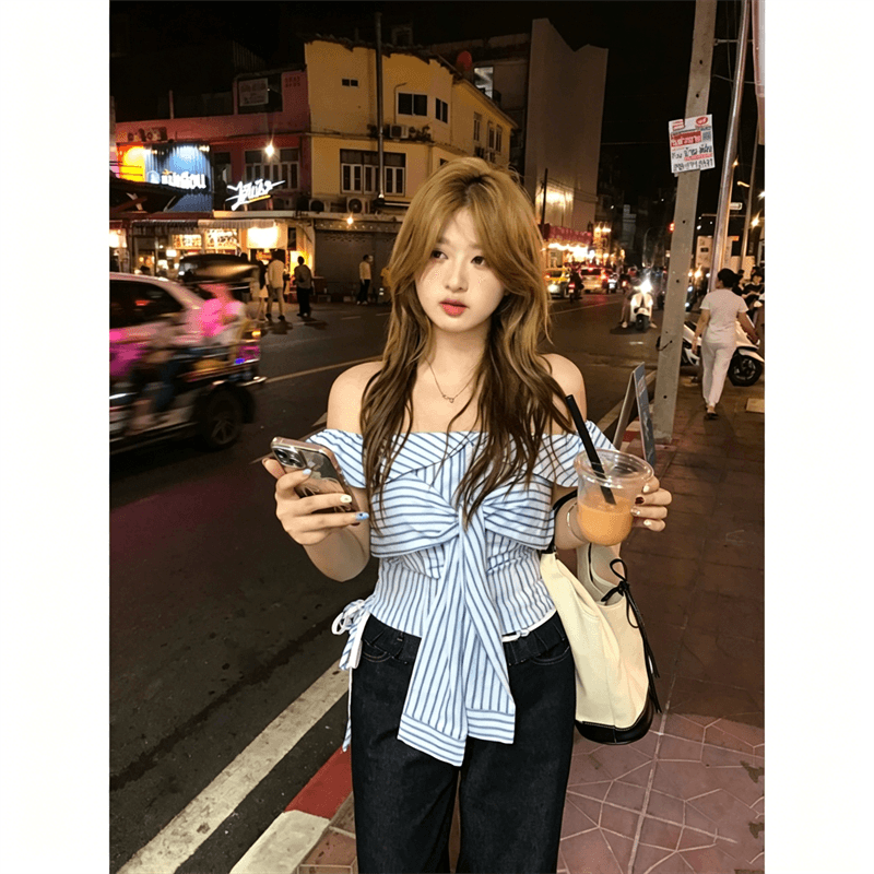 스트라이프 오프숄더 민소매 티셔츠 여름 새로운 핫걸 순수한 욕망 바람 스트랩 쇼트 스타일 맨위 이미지 2