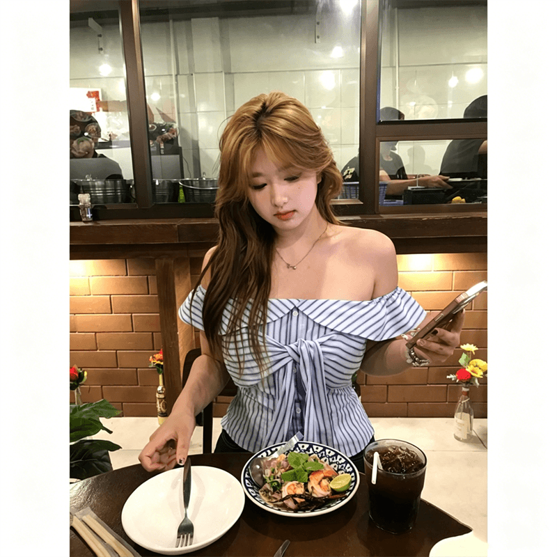 스트라이프 오프숄더 민소매 티셔츠 여름 새로운 핫걸 순수한 욕망 바람 스트랩 쇼트 스타일 맨위