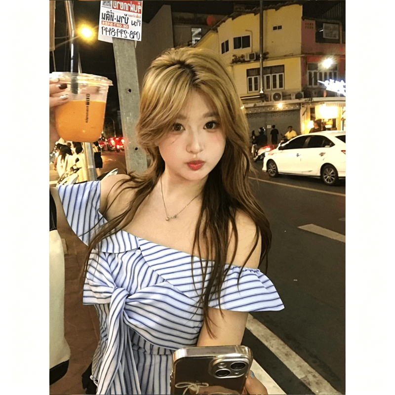 스트라이프 오프숄더 민소매 티셔츠 여름 새로운 핫걸 순수한 욕망 바람 스트랩 쇼트 스타일 맨위 상세 이미지 4