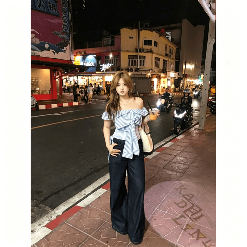 스트라이프 오프숄더 민소매 티셔츠 여름 새로운 핫걸 순수한 욕망 바람 스트랩 쇼트 스타일 맨위 상세 이미지 6