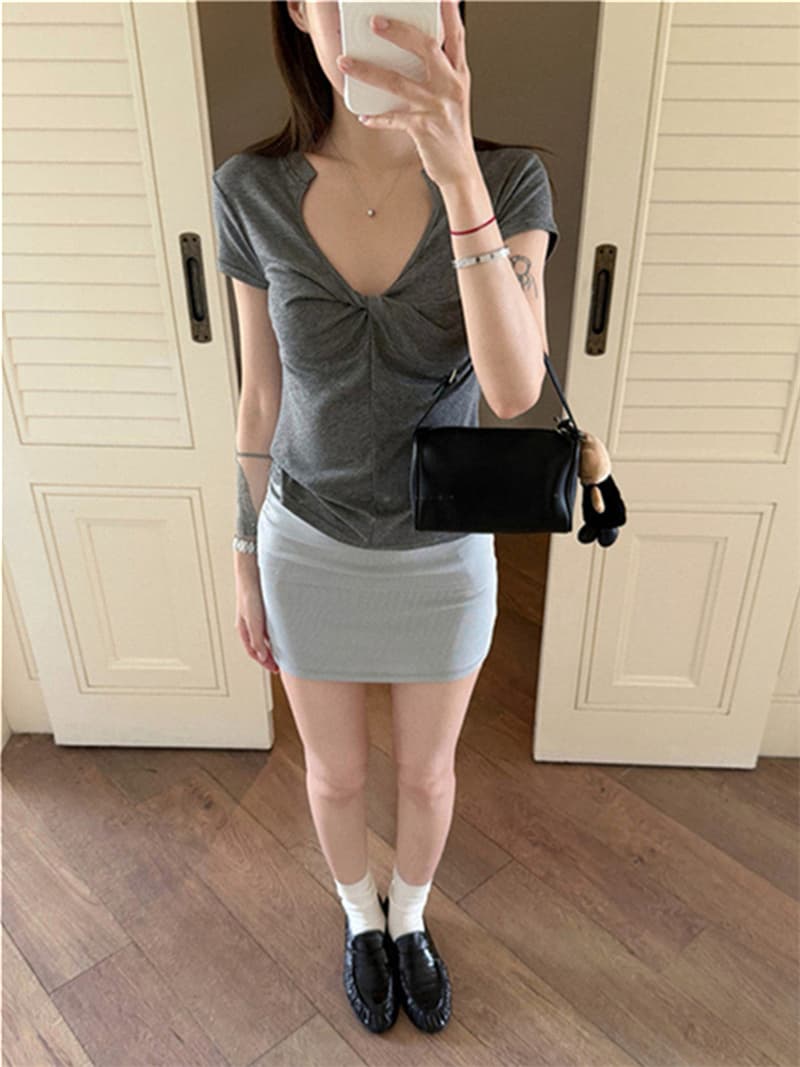 원본 원단 것 회색 비틀림 V넥 반팔 티셔츠 여름 한 부서 몸매 가꾸기 슬림해 보이는 맨위 상세 이미지 13