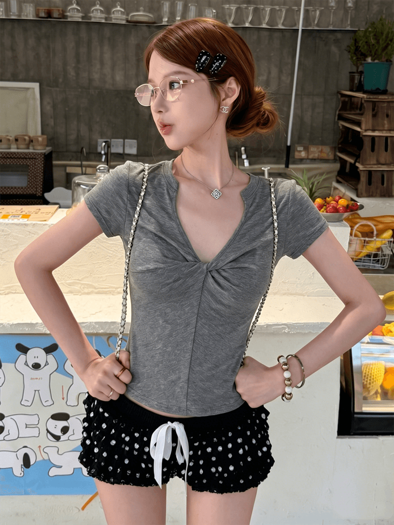 원본 원단 것 한 부서 착용 가져 가라. V넥 비틀림 반팔 티셔츠 여름 회색 허리 수축 맨위 상세 이미지 3