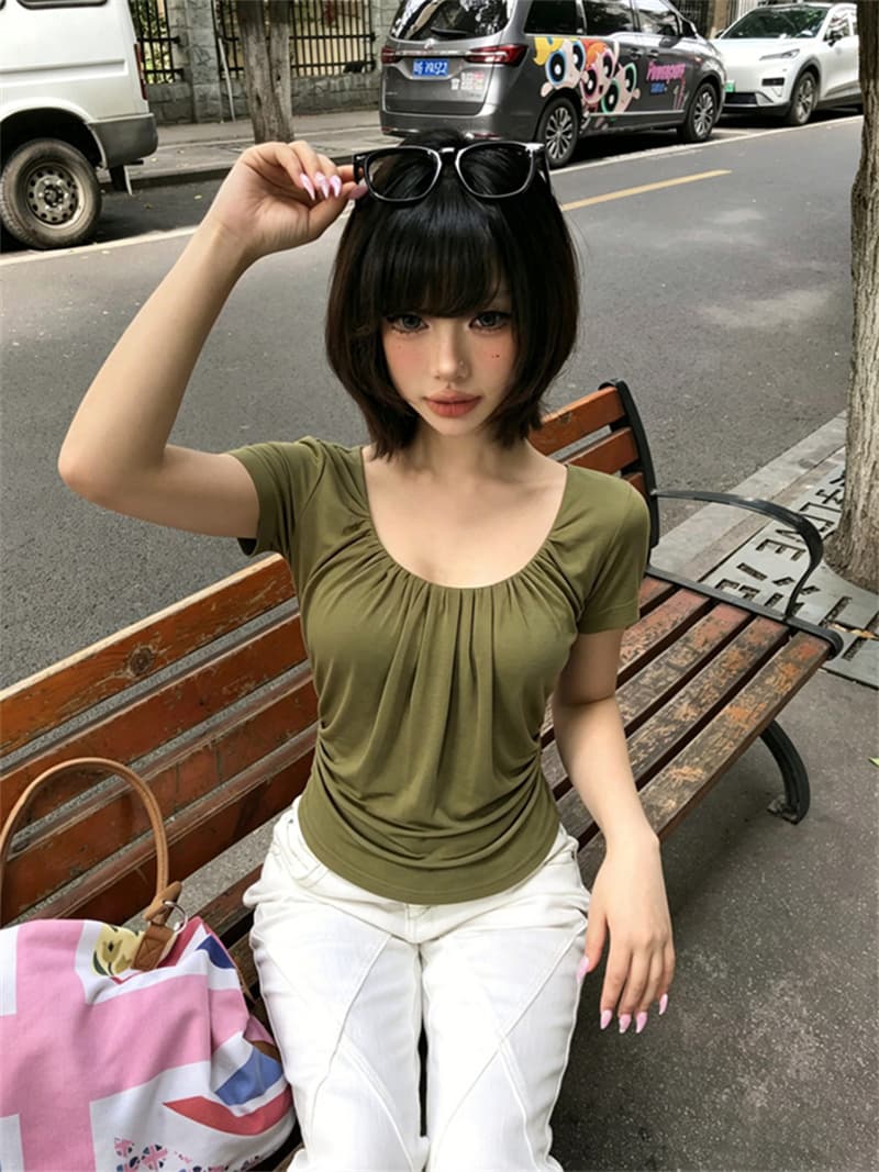 한 부서 주름 u 칼라 반팔 여성 여름 핫걸 수신 Pleat 슬림해 보이는 맨위 상세 이미지 3