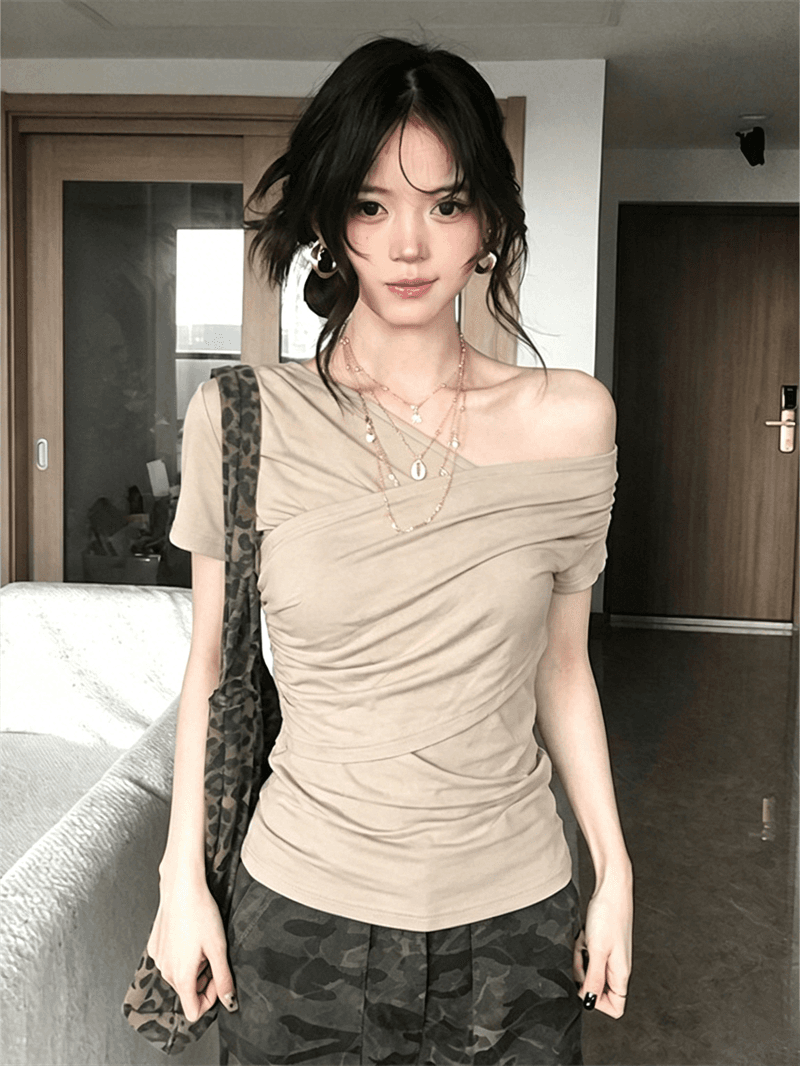 품질 한 부서 비스듬한 어깨 반팔 티셔츠 여름 허리 수축 몸매 가꾸기 슬림해 보이는 오프숄더 작은 대중 맨위 상세 이미지 2
