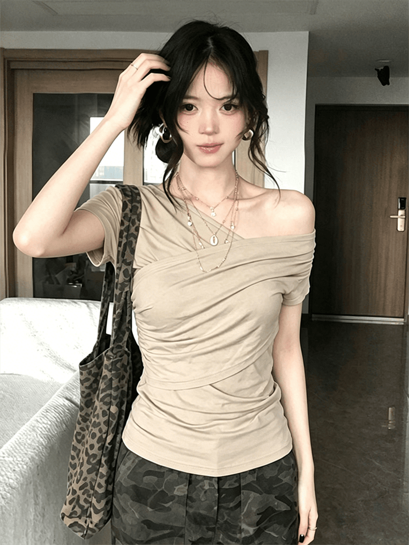 품질 한 부서 비스듬한 어깨 반팔 티셔츠 여름 허리 수축 몸매 가꾸기 슬림해 보이는 오프숄더 작은 대중 맨위 상세 이미지 4