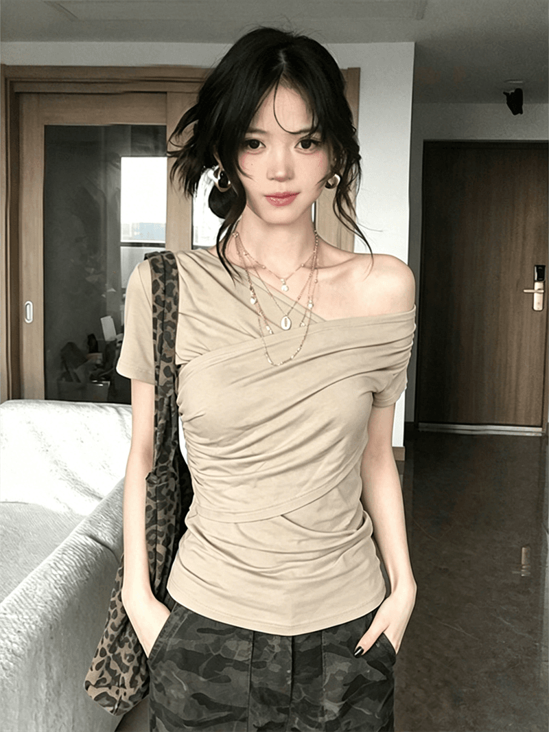 품질 한 부서 비스듬한 어깨 반팔 티셔츠 여름 허리 수축 몸매 가꾸기 슬림해 보이는 오프숄더 작은 대중 맨위 상세 이미지 6