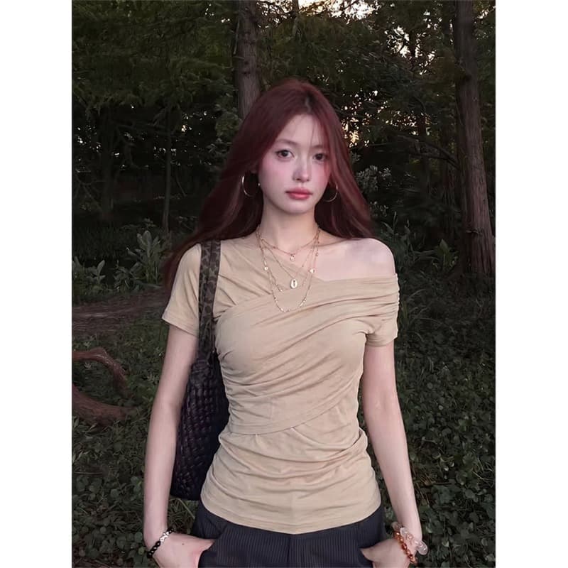 한 부서 비스듬한 어깨 반팔 티셔츠 여름 빅 사이즈 허리 수축 몸매 가꾸기 슬림해 보이는 오프숄더 작은 대중 맨위 이미지 3