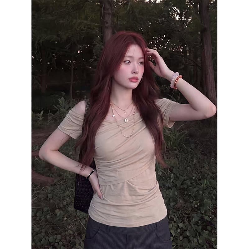 한 부서 비스듬한 어깨 반팔 티셔츠 여름 빅 사이즈 허리 수축 몸매 가꾸기 슬림해 보이는 오프숄더 작은 대중 맨위 이미지 4